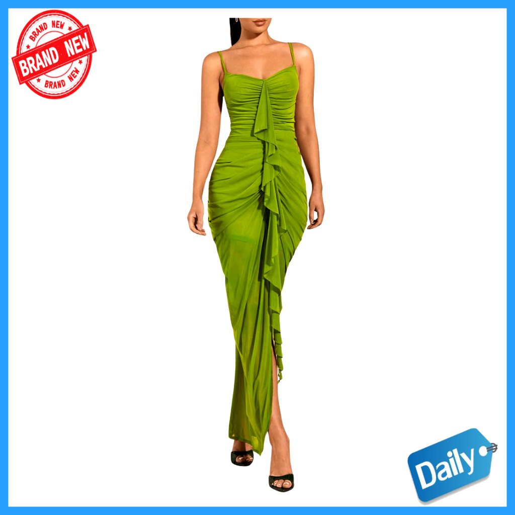 Ruffle Ruched Cami Maxi Dress Elegant Bodycon Draped Split Formal Evening Wear
